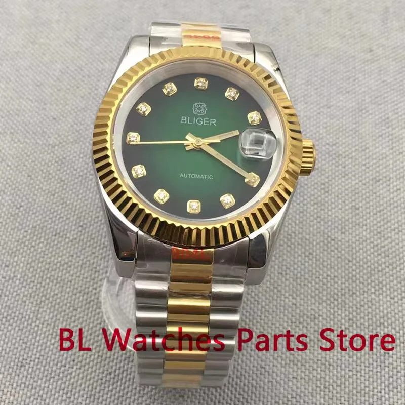 BLIGER 36mm/39mm Luxury Two Tone Gold Watch For Men NH35 Movement Fluted Bezel Sapphire Glass Sunburst Dial Gold  Dinamond Index