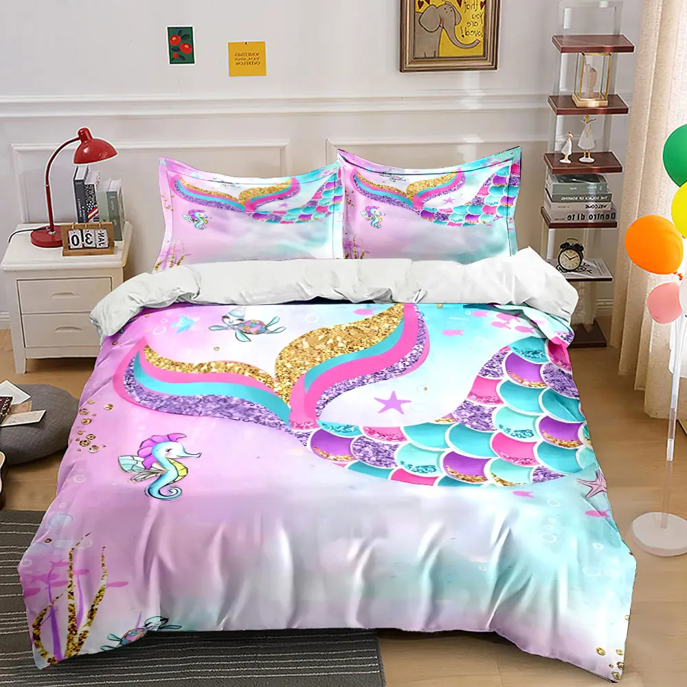 

"Mermaid Tail Themed Set Decoration" Bedding Set with 1 Duvet Cover 2 Pillowcases Single Double King Queen, Gift