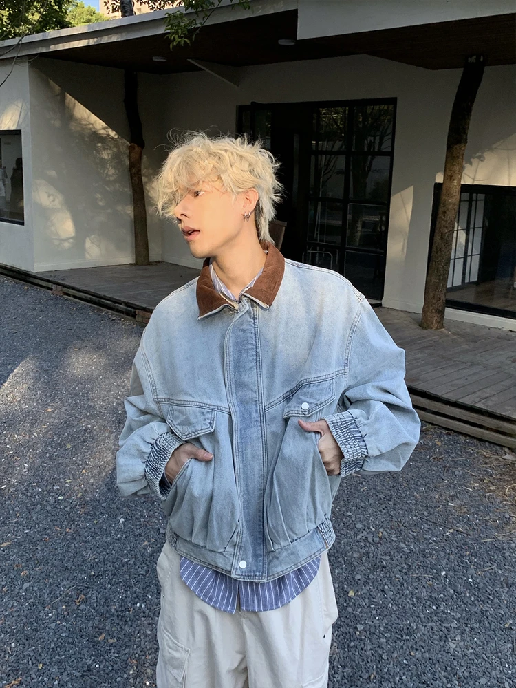 

Ретро-куртка из американского денима с эффектом потертости, свободного кроя, повседневная, в уличном стиле, весна-осень, рабочая одежда, с отложным воротником