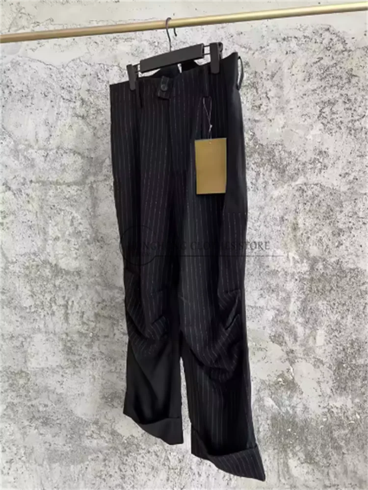 TOP-YAMAMOTO Striped patchwork design pants, with buttons for adjustable rolled cuffs, straight-leg pants