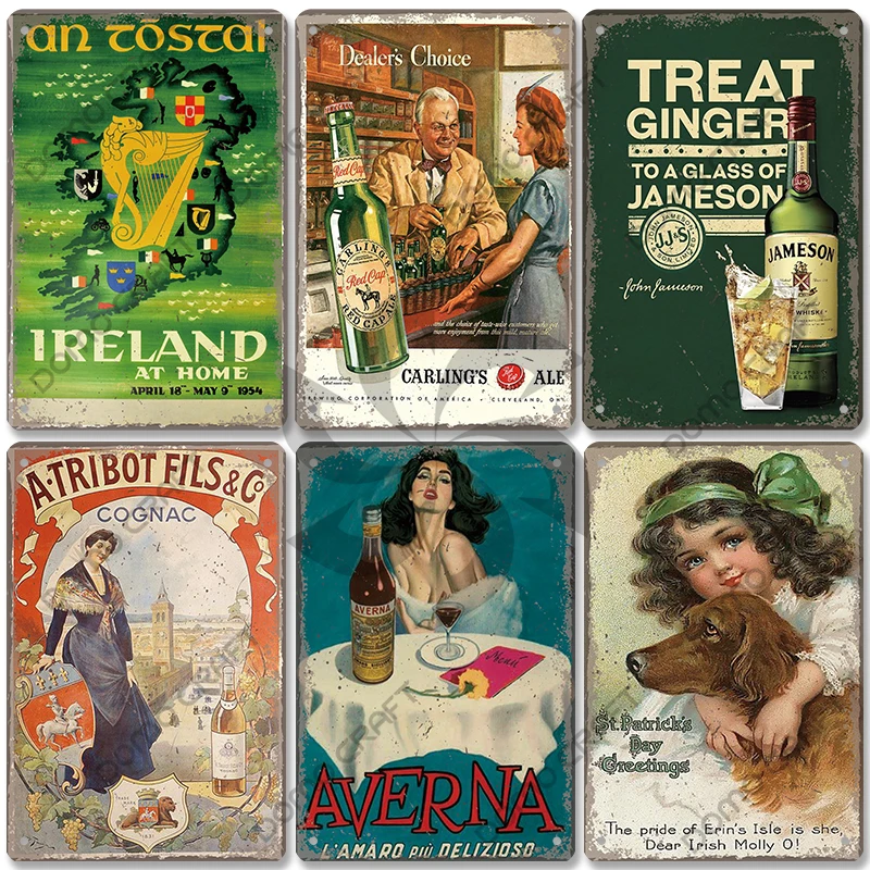 Irish Whiskey Poster Vintage Metal Plaque Sign Dublin Stout Metal Tin Plates Wall Decor for Bar Irish Pub Club Home