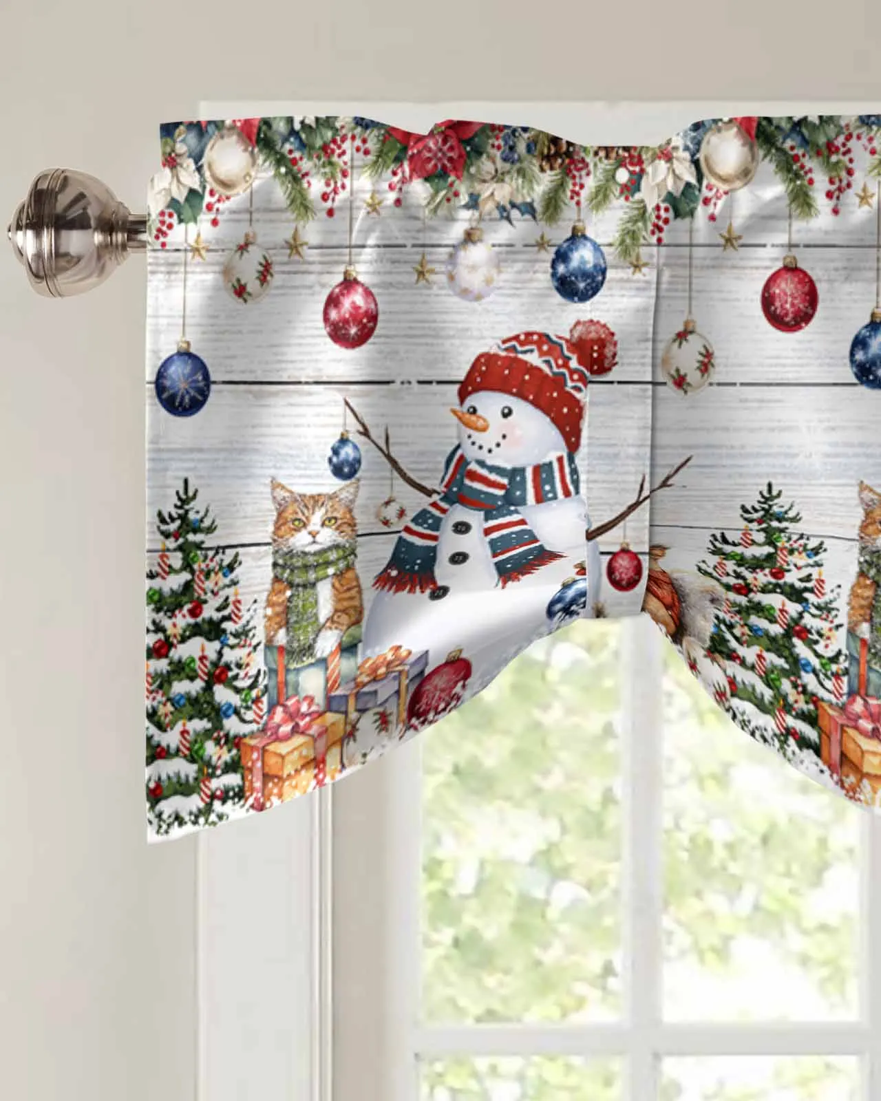 Christmas Tree Snowman Cat Squirrel Snowflake Ball Short Window Curtain Kitchen Cafe Cabinet Tie up Drapes Bedroom Home Decor