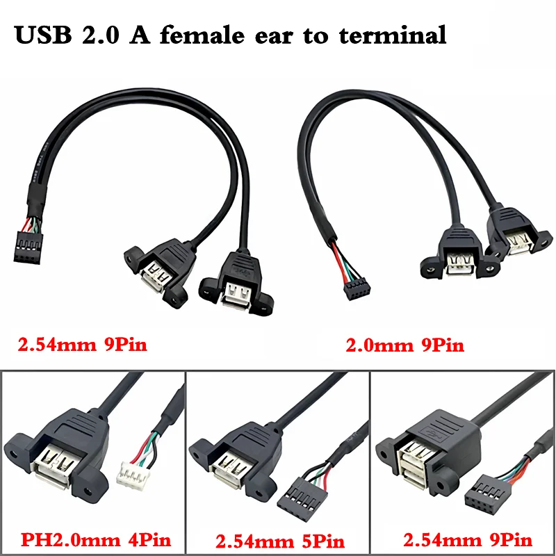 Motherboard 9P/5Pin Terminal to USB A Female With Ear Screw Hole Data Extension Cable DuPont 2.54mm/PH2.0mm Spacing