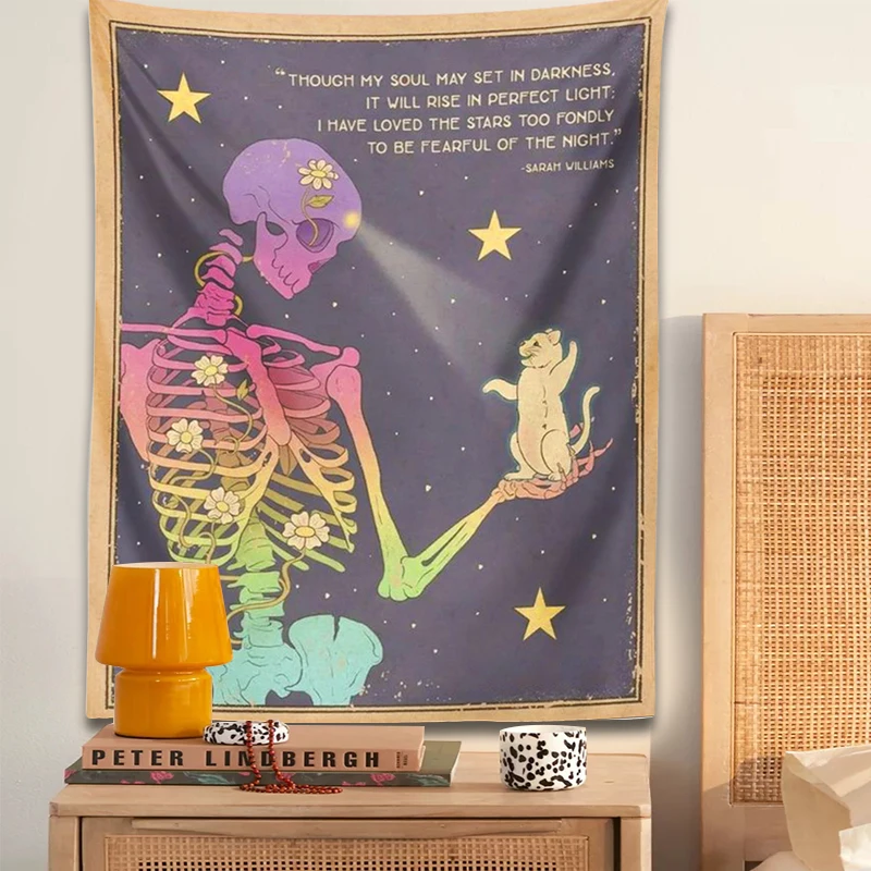 Skull Tapestry Wall Hanging retro tarot cat Aesthetic Background Cloth Sun Boho Decoration Home Art Tapiz for Bedroom Tapisserie