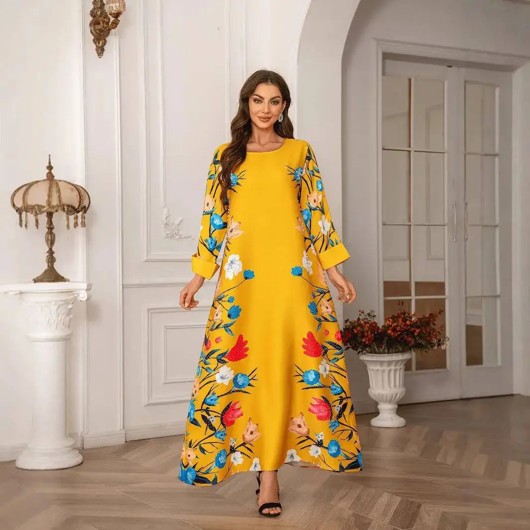 

ZD030 Saudi Women's Fashion Printed Hot Diamond Muslim Robe Women's Long Dress Abaya Dress