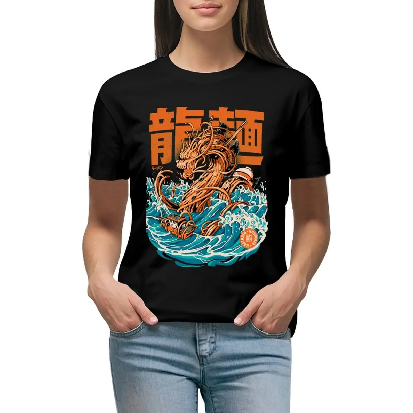 

Black Great Ramen Dragon off Kanagawa T-Shirt quick drying korean fashion lady clothes t-shirts for Women graphic tees