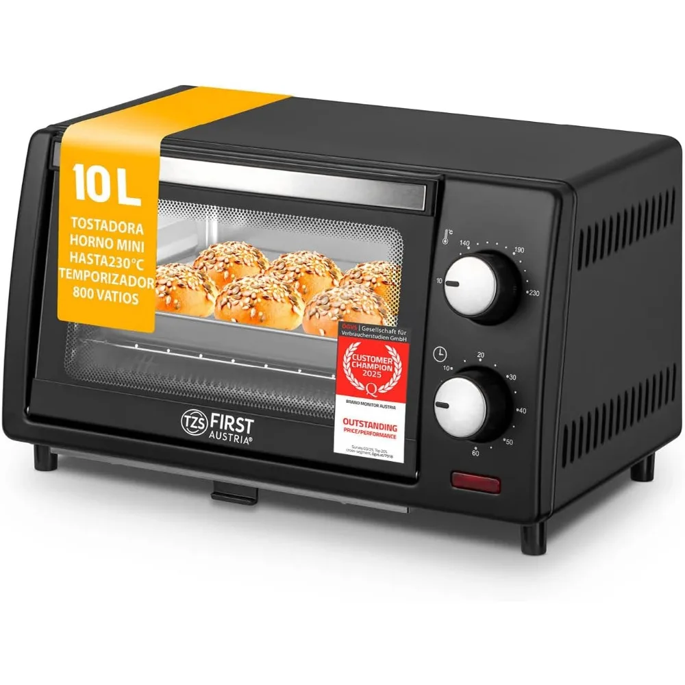 فرن صغير 10 لتر 800 وات من TZS First Austria - التحكم في درجة الحرارة حتى 230 ° C، مؤقت لمدة 60 دقيقة، ارتفاع الرف المزدوج
