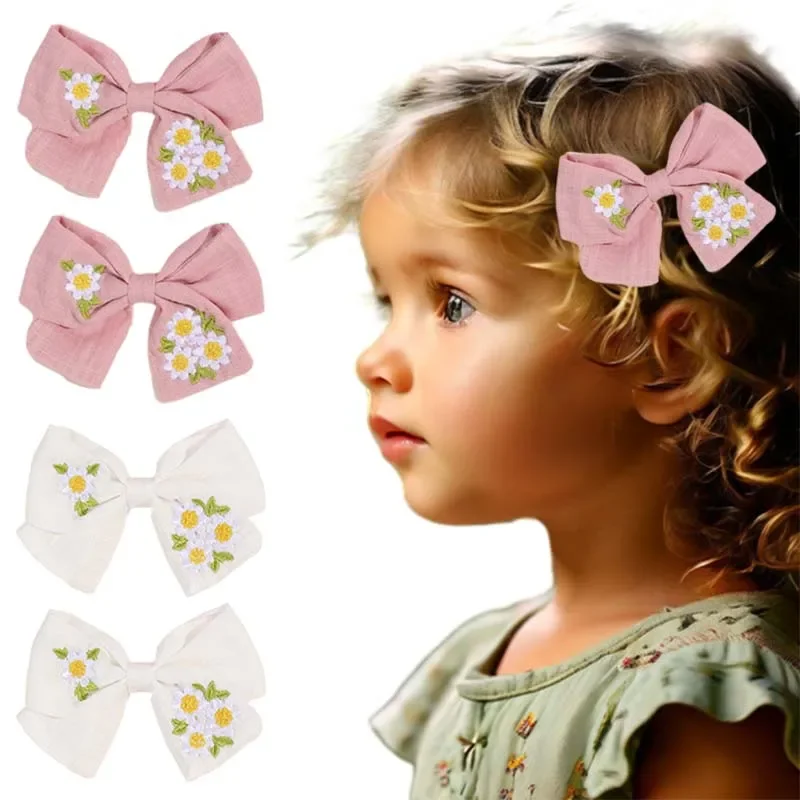 ncmama 2Pcs Daisy Embroidery Hair Bow Clips Solid Color Flower Hairpin for Kids Girls DIY Handmade Barrettes Hair Accessories