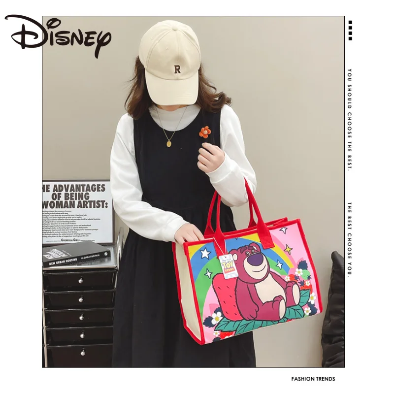 MINISO Disney Cute Cartoon Winnie The Pooh Spray-painted Tote Canvas Bag 2023 Large-capacity Portable Shoulder Bag