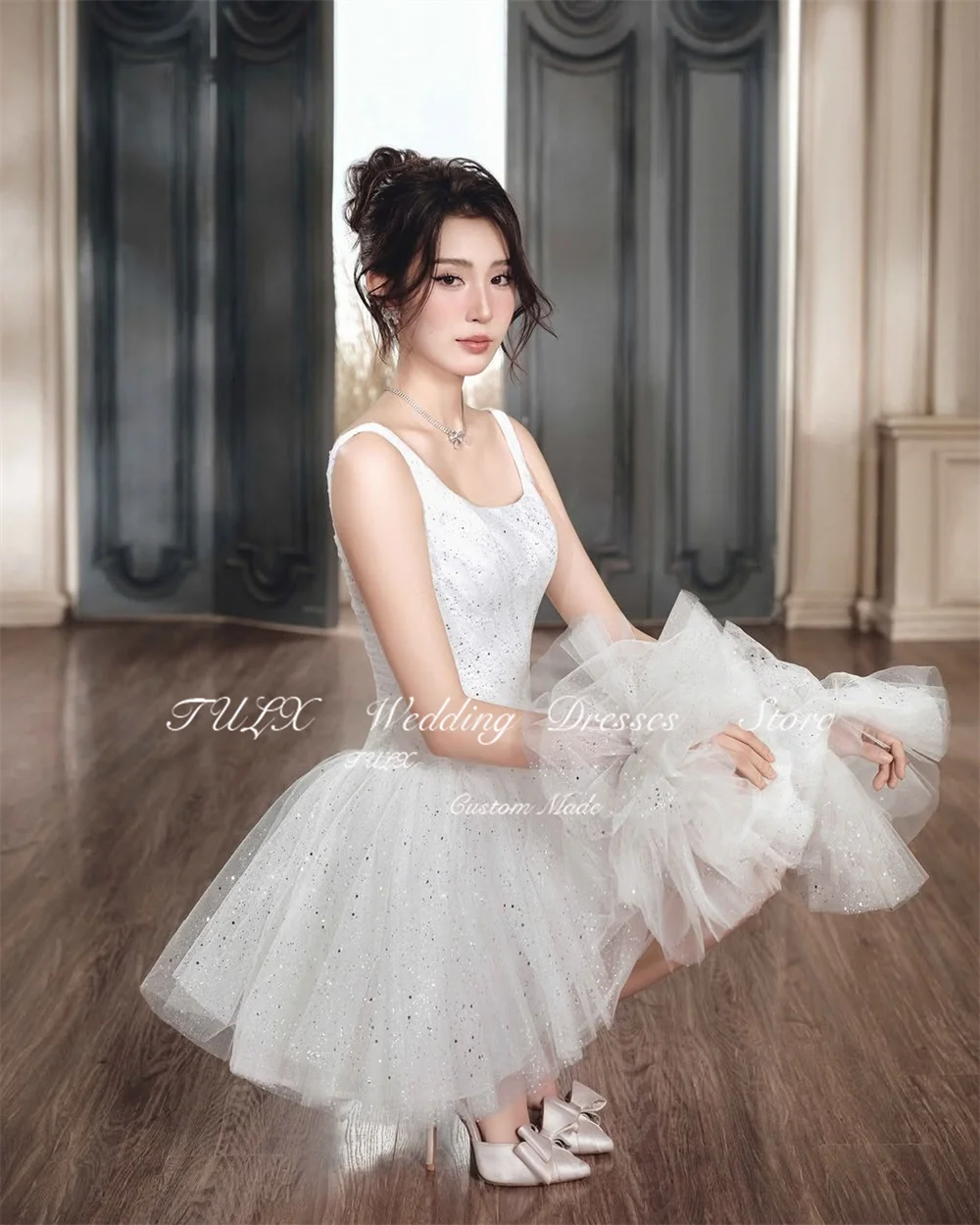 TULX Sparkly Short Wedding Dress Strap Square Collar Tulle Bridal Gowns Mini Above Knee Pleat Engagement Party Customized 2025