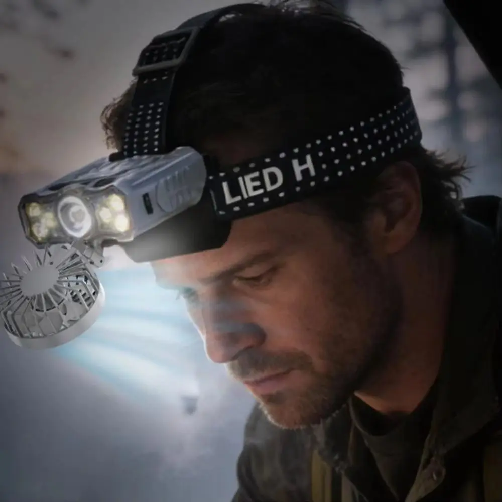 Motion Sensor Headlamp with Fan Foldable Rechargeable Rechargeable Headlamp Adjustable Strap Cooling Fan Headlamp Outdoor Repair
