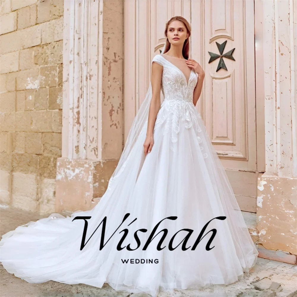 A-Line Off Shoulder V-Neck Wedding Dress White Tulle Backless Cathedral Train Bridal Gown for 2027 Customized