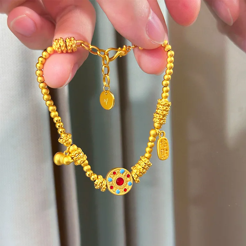9999 gold New Chinese-style ancient method red and blue enamel eight-buddha compass lucky charm jade pendant exquisite bracelet
