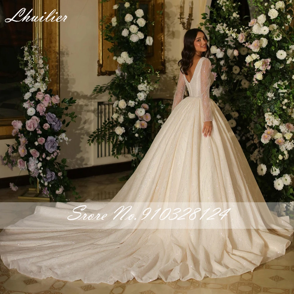 Lhuilier V Neck Ball Gown Lace Wedding Dresses Floor Length Long Sleeves Beaded Bridal Gowns with Chapel Train