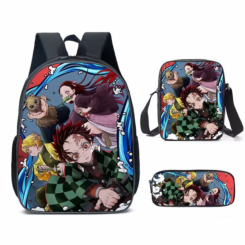 New Demon Slayer Anime Backpack Kamado Tanjirou Student School Bags Kimetsu No Yaiba Bags Girls Boys Three-Pieces Notebook Bag