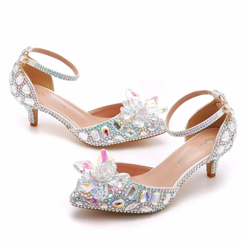 Sandálias de cristal PU para mulheres, sapatos de festa, sapatos de salto, bombas de moda verão, 5cm, 2024