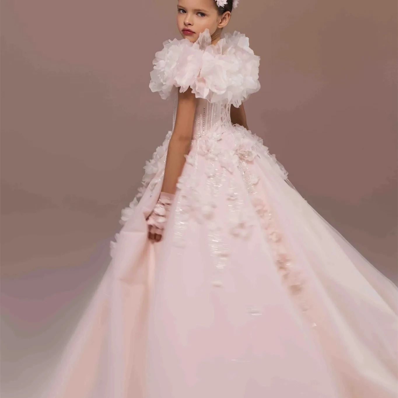 

Customized Flower Girl Dress For Wedding Glitter Appliques Short Sleeve High Waist Elegant Kids Birthday First Communion Gown