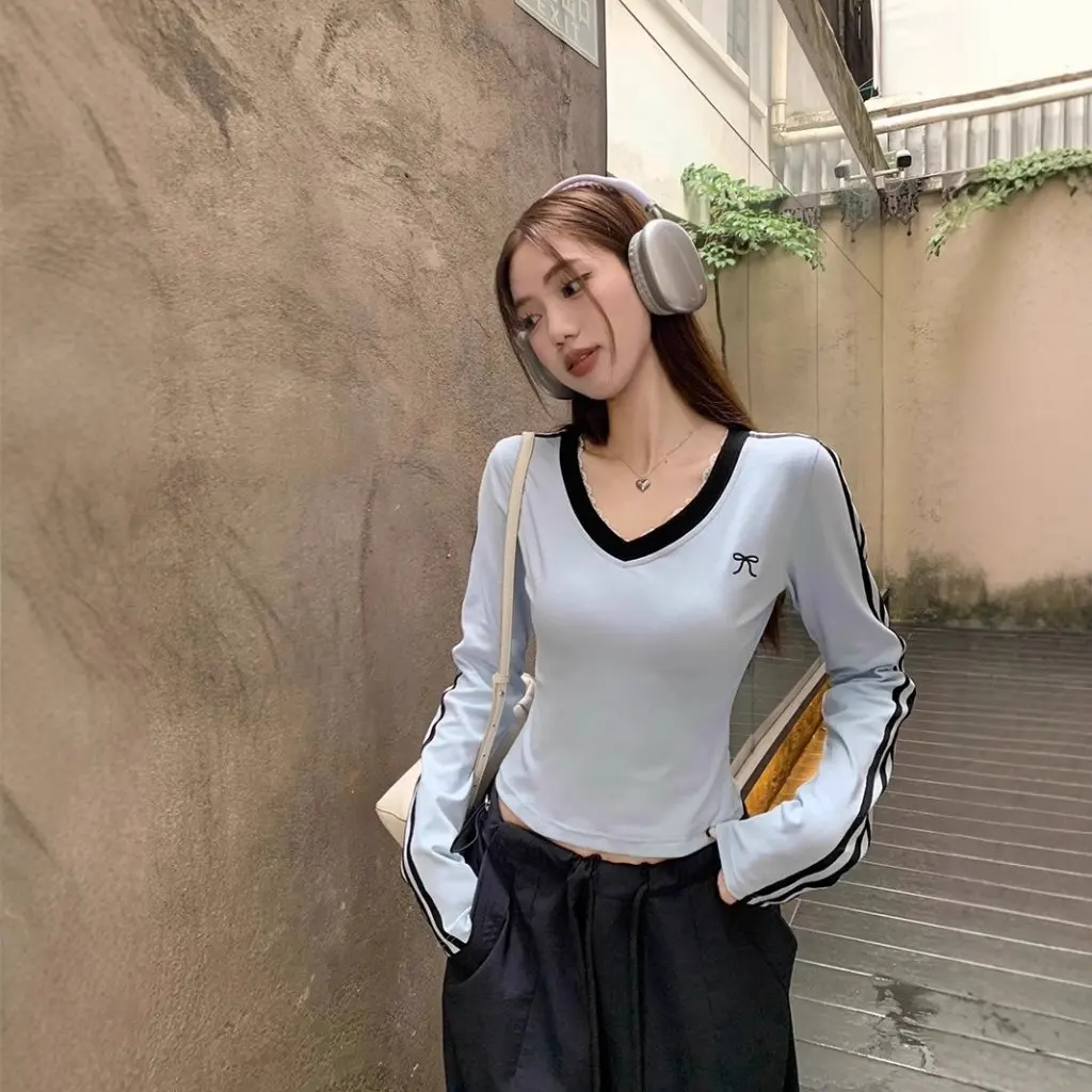 

PPHOME Women's Blue Bow Shoulder Stripe Long-Sleeved T-shirt Slim Fit Base Shirt Top for Autumn Spice Girl