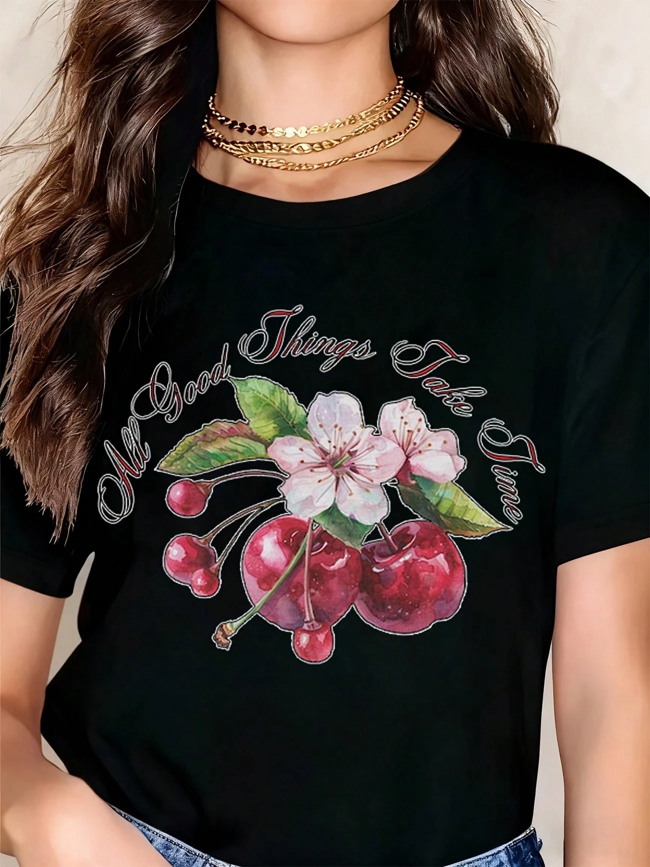 

Women's cherry blossom print T-shirt, casual summer top, soft and comfortable, graphic T-shirt.