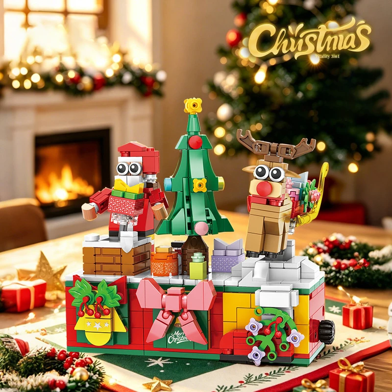 3In1 Christmas Elk Deer Santa Claus Building Blocks Snows House Xmas Tree Bricks Set Toys for Children Kids Gifts