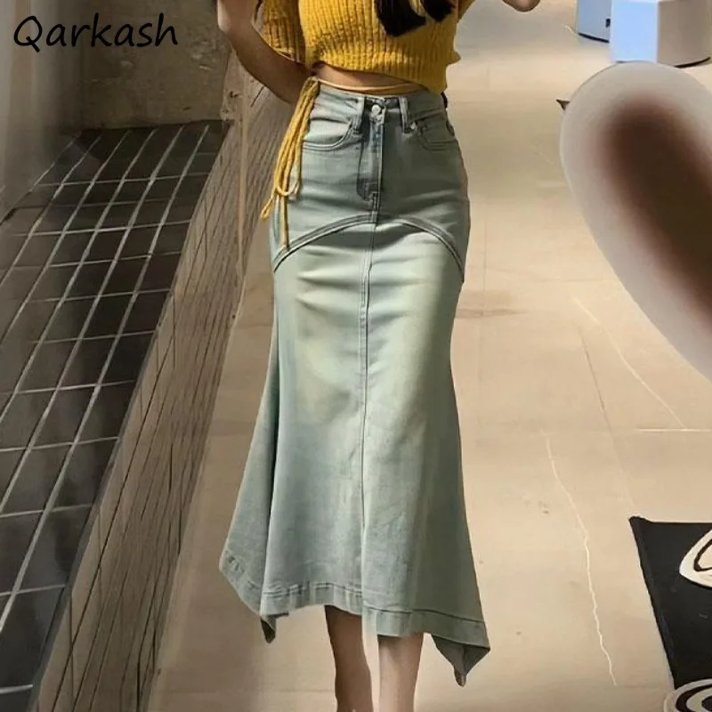 

Skinny Skirts for Women Denim Korean Style Fashion Trumpet Irregular High Waist Ins Washed Retro Young Girls Clothing Summer New