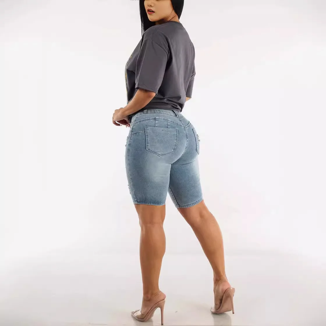 High Waist Short Denim Jeans Women's Fashion Cross-Border Sexy Versatile Frayed Straight Leg Jeans Summer New Arrival