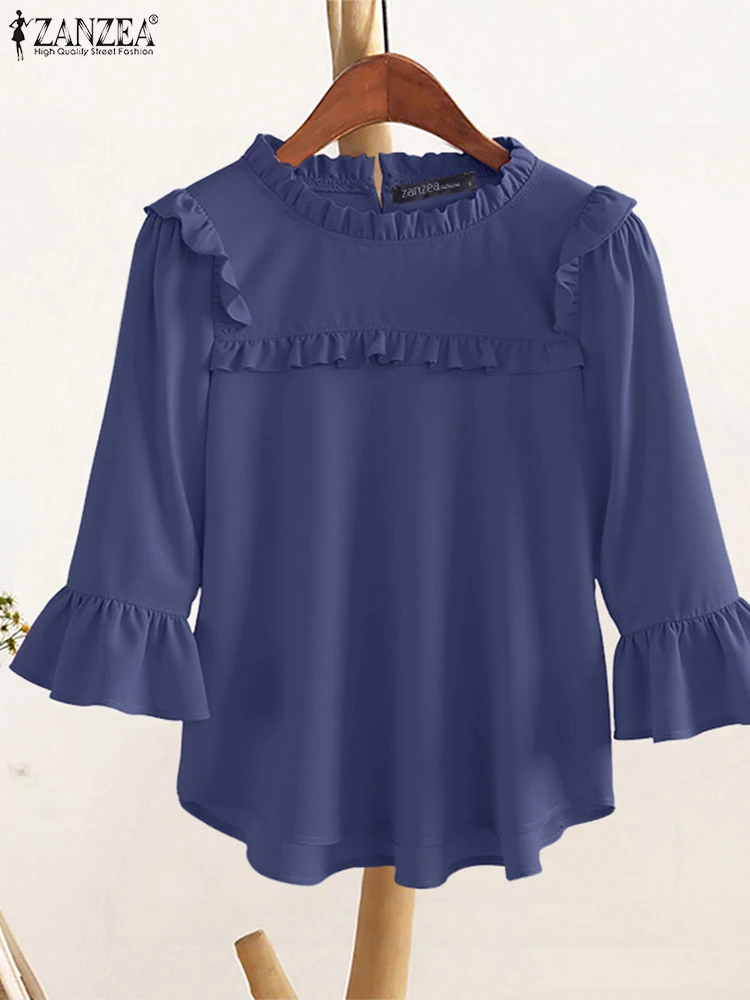 ZANZEA Women Stylish 3/4 Flare Sleeve Work Blouses Autumn Spring Shirt O Neck Tops Female Chemise Stylish Solid Holiday Blusas