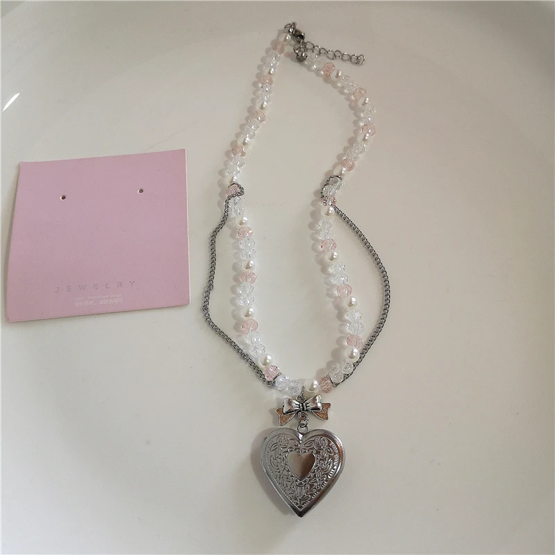 Gothic süße Y2K Edelstahl Schleife Herz rosa Kreuz Anhänger Perlen Perle Schlangenkette Halskette für Egirl 2000er EMO Zubehör – Detail 7