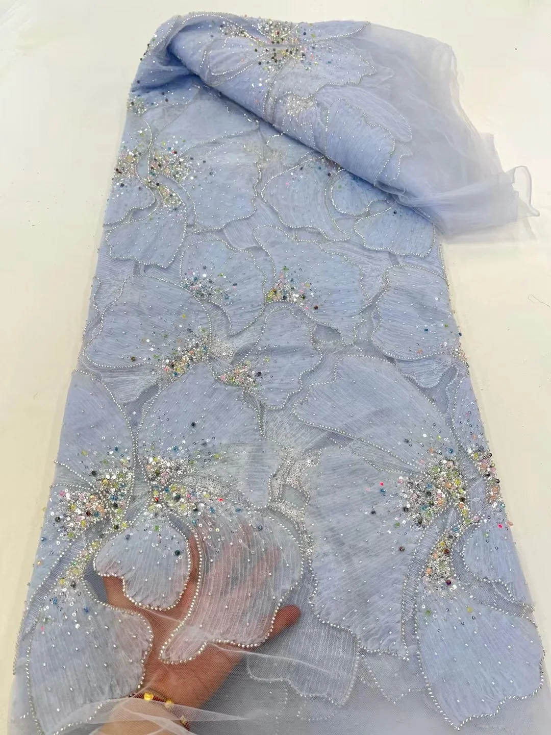 

2025 Exquisite Design Nigeria Handmade Embroidery Sequins Net Lace with Bead for Party Evening Dress 5 Yards