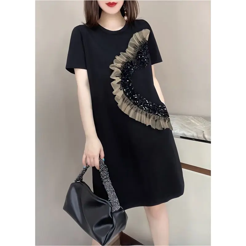 Korean Solid Patchwork Bright Line Decoration Pullovers Straight Dresses Ladies Black All-match Short Sleeve Women\'s Clothing