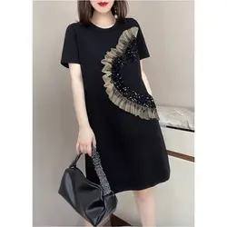 Korean Solid Patchwork Bright Line Decoration Pullovers Straight Dresses Ladies Black All-match Short Sleeve Women's Clothing