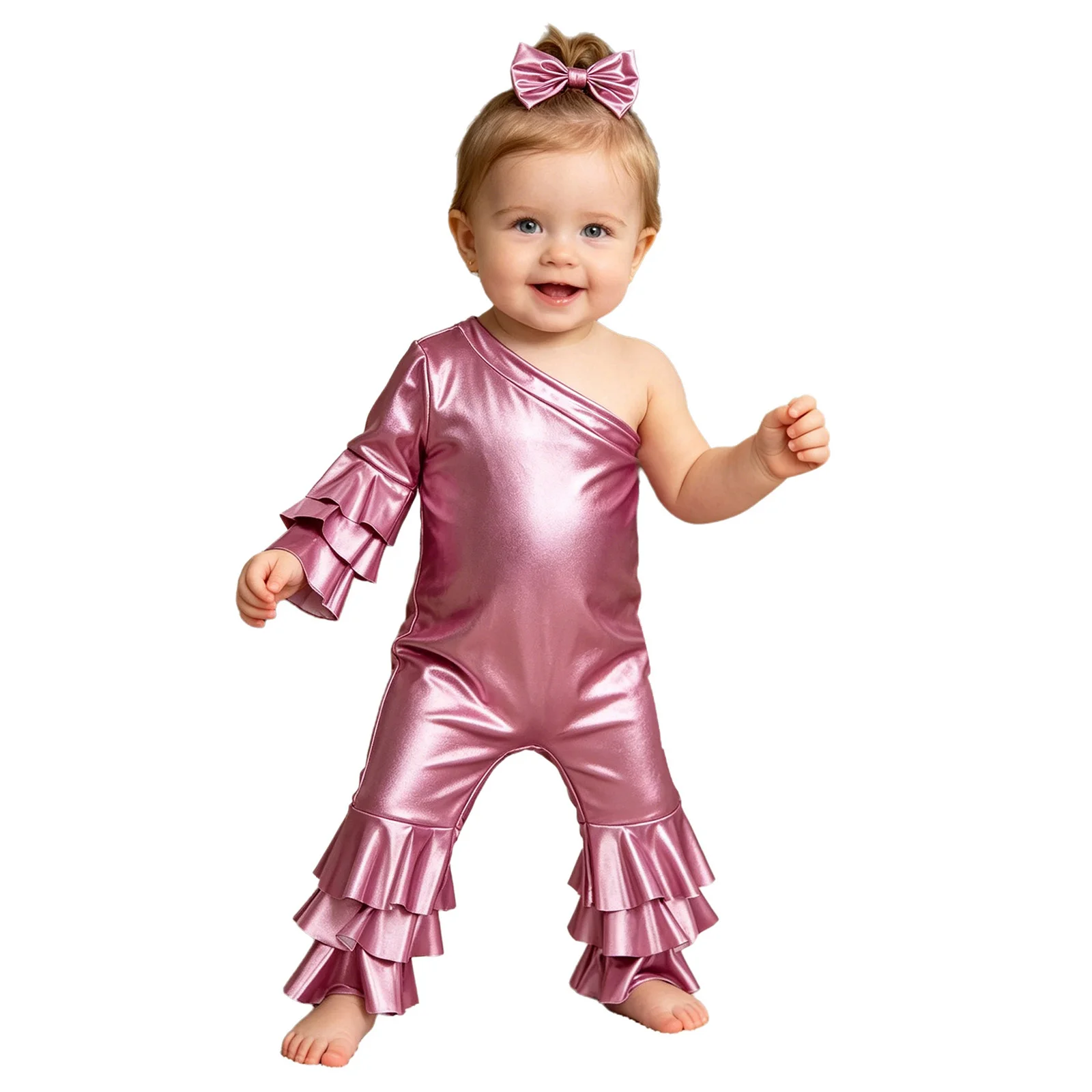 Baby Girl Metallic Shiny Disco Flared Jumpsuit One Shoulder Zipper Romper with Headband Theme Party Birthday Photography Costume