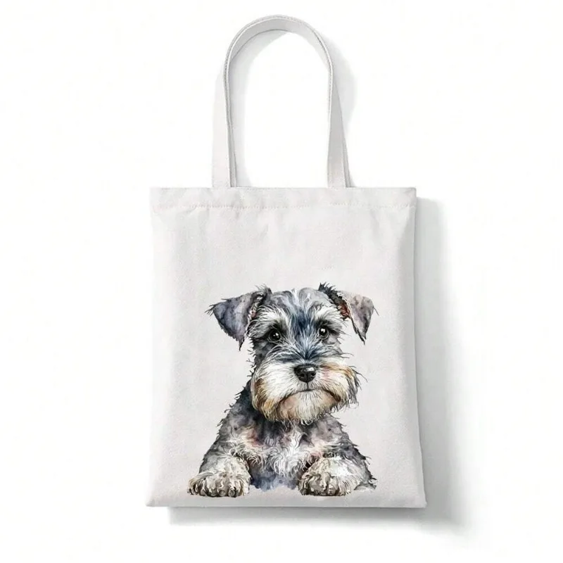 Cartoon Schnauzer Print White Canvas Tote Bag Large Capacity Shopping Bag Lightweight All-Match Versatile Reusable Shoulder Bag