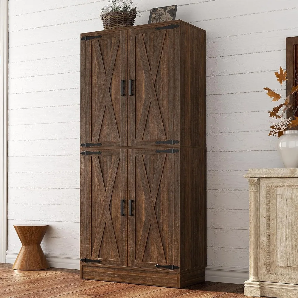 Versatile Tall Storage Cabinet with Barn Doors, Adjustable Shelves, and Drawer Organizer for Farmhouse Kitchen Pantry
