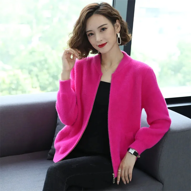 Winter Women Korean Thickened Non Shedding Sweater Imitation Mink Fur Knitted Female New Loose Zipper Woolen Cardigan Jacket