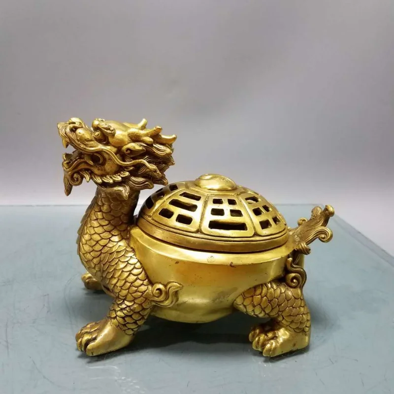 Pure Copper Dragon Turtle Incense Burner Ornaments Open Cover Gossip Dragon-Head Tortoise Ashtray Shop Home Desktop Decoration T