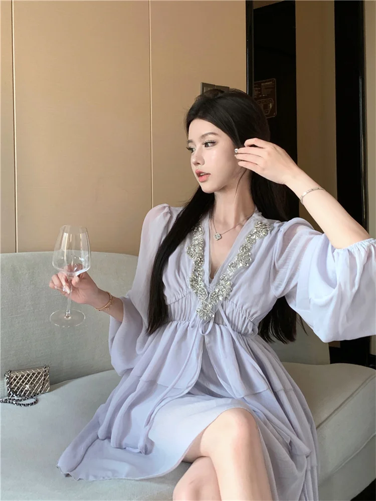 Celebrity Short Party Dress for Women Long Sleeve Diamond V-neck Empire Birthday Dress Elegant A-line Fairy Ruffles Lilac Dress