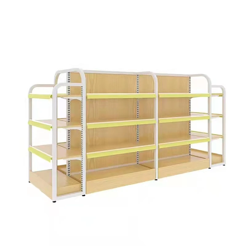 （customized）multi-tier floor convenience store shelf double sided grocery display rack wooden supermarket gondola shel