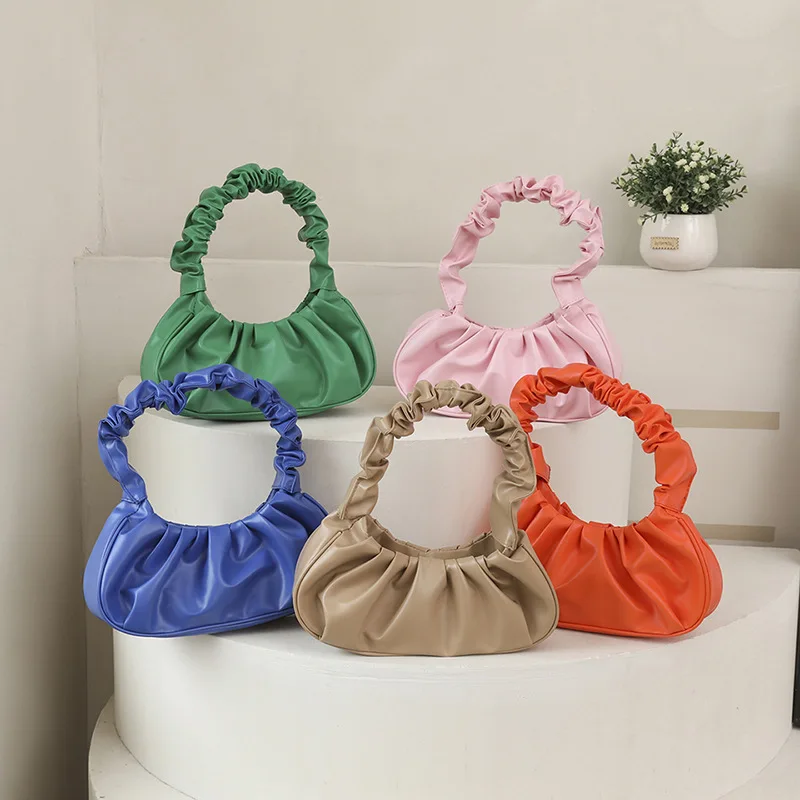 Cartoon Solid Color Pleated Cloud Bag Minimalist Women\'s Underarm Bag Kawaii Girl Fashion Versatile Handbag  Gifts