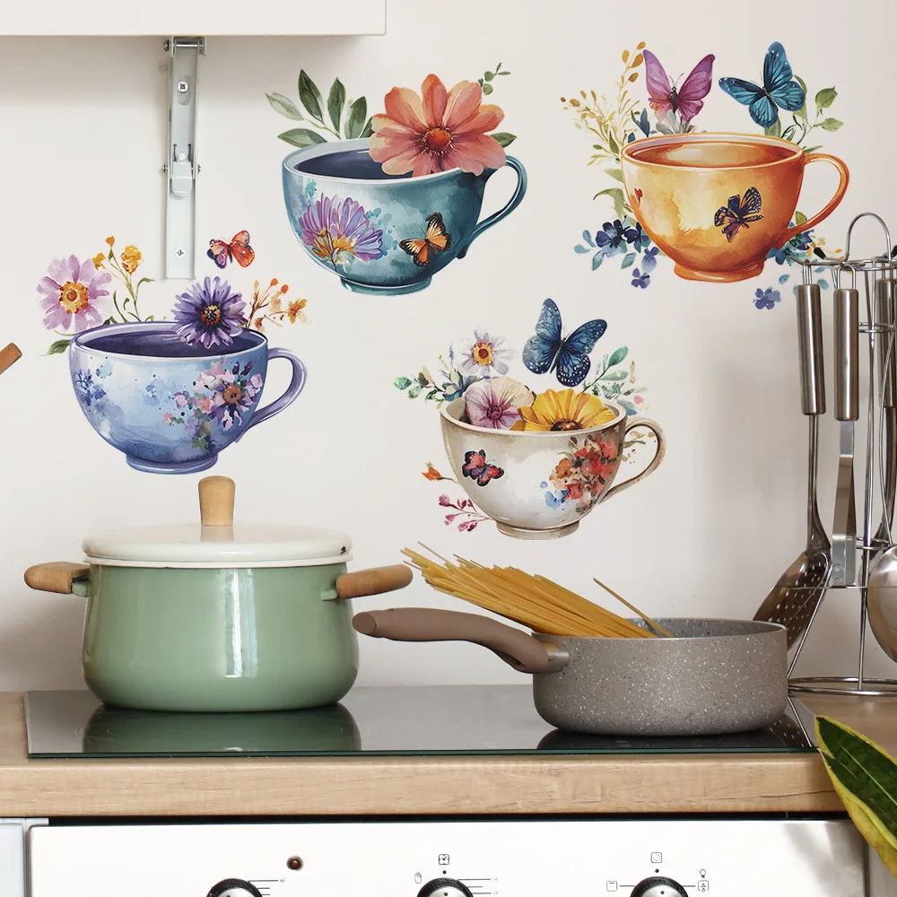 Creative Watercolor Exquisite Tea Cup Wall Sticker For Kitchen Restaurant Decoration Mural Room Background Home Decor Wallpaper