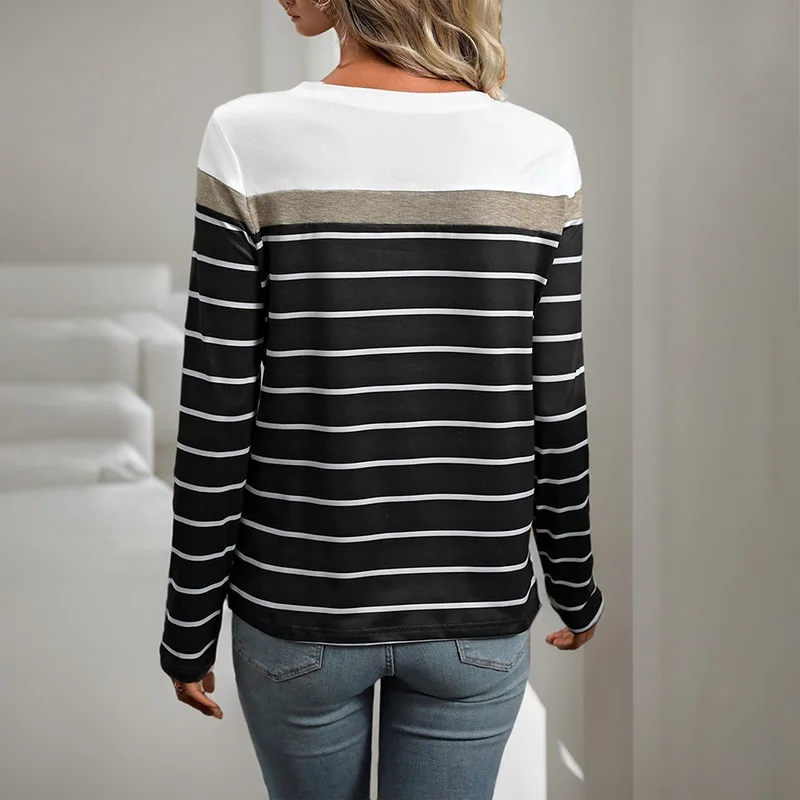 2025 Autumn Striated Long Sleeve T Shirt Women Casual Loose Tops T-Shirts Womens Clothing Korean Style Patchwork Tee Shirt Femme