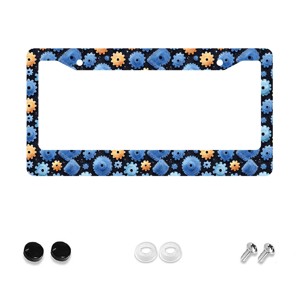 

1pc Blue and Orange Gear Pattern 2 Hole License Plate Frame Aluminum Material 6x12 Inches with Screw Kit Retro Novelty Car Deco