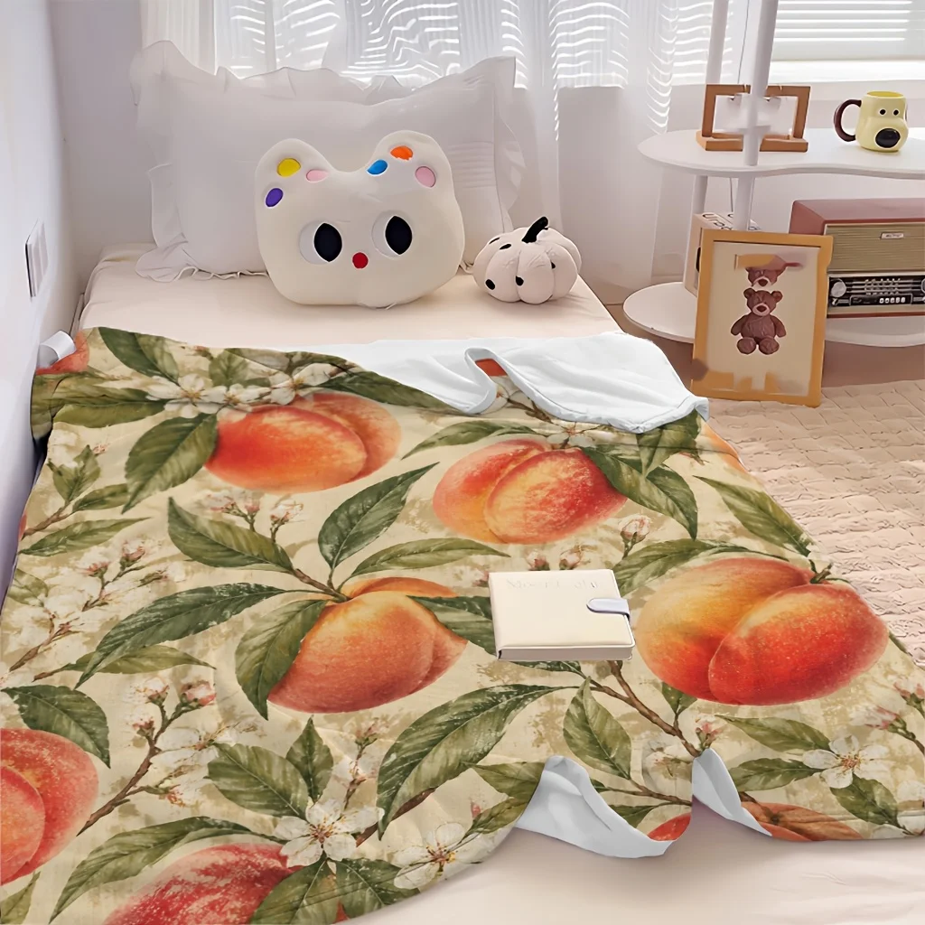 1pc Mixed Peach Fruit Vintage Farm Floral Print Flannel Blanket, Practical and Ultra Soft, Suitable for Blankets, Kid Bed Covers