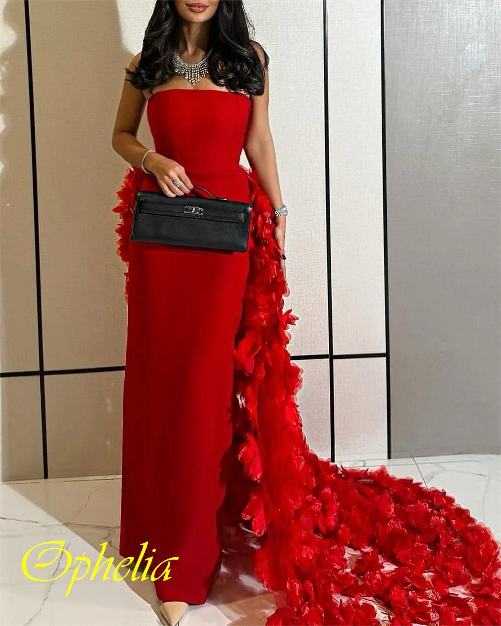 

Customized Temperament Jersey Strapless Evening Dress Exquisite Court Train Prom Dresses Delicate Flowers Special Occasion Gowns