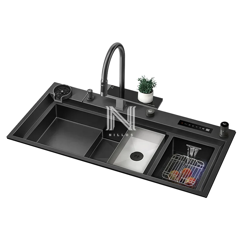 Handmade Farmhouse Kitchen Sink Three Hole Double Bowl 304 Brushed Stainless Steel Faucet Hidden Catalyst Nano Surface Treatment