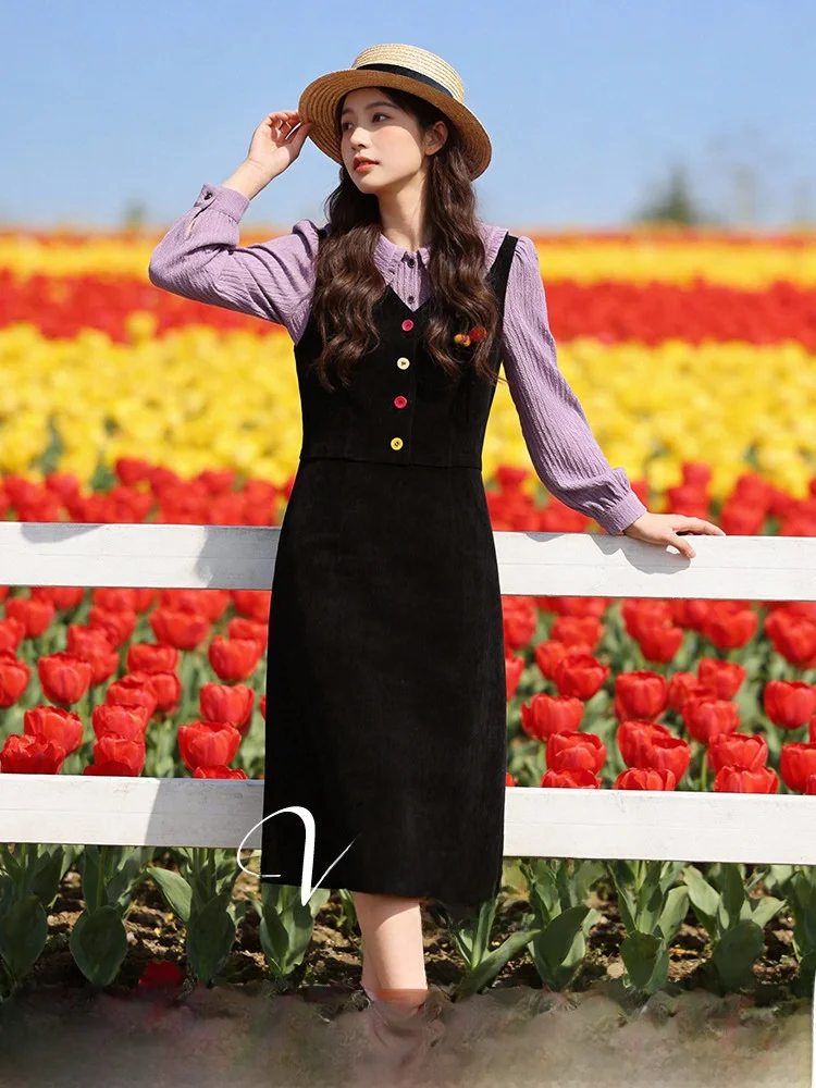 

High Waist A-Line Dr plus Size Women's Spring New Sle Slimming Concealing Patchwork Fake Two-Piece Dr Commute Sle