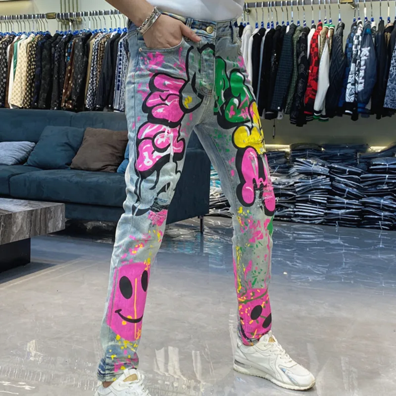 Graphic Jeans Motorcycle Skinny Jeans Men High Street Graffiti Print Jeans Hip Hop Trendy Hole Color Printing Stretch Jeans Men