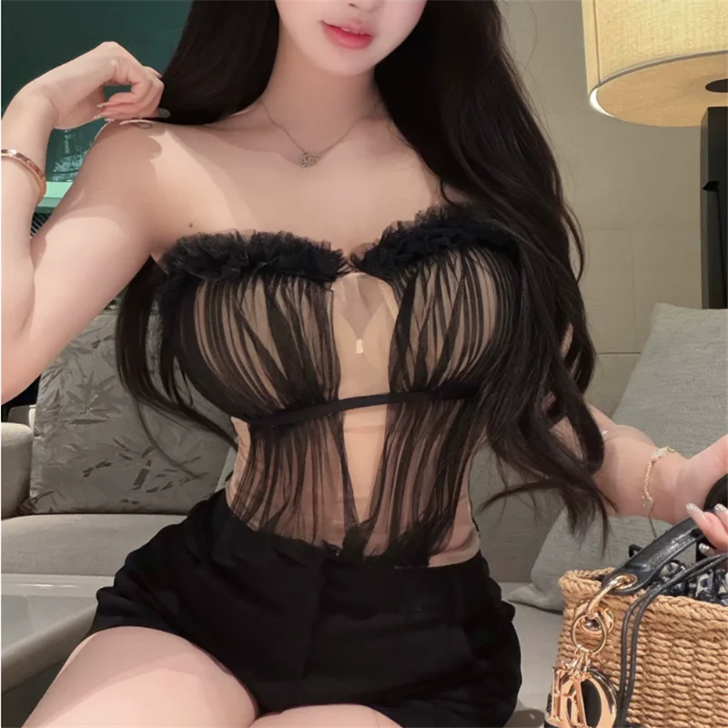 Sexy Black Sheer Mesh Strapless Mini Vest Summer Slash Neck Sleeveless Transparent Tube Top Shirt Spicy Girl See Through Camis
