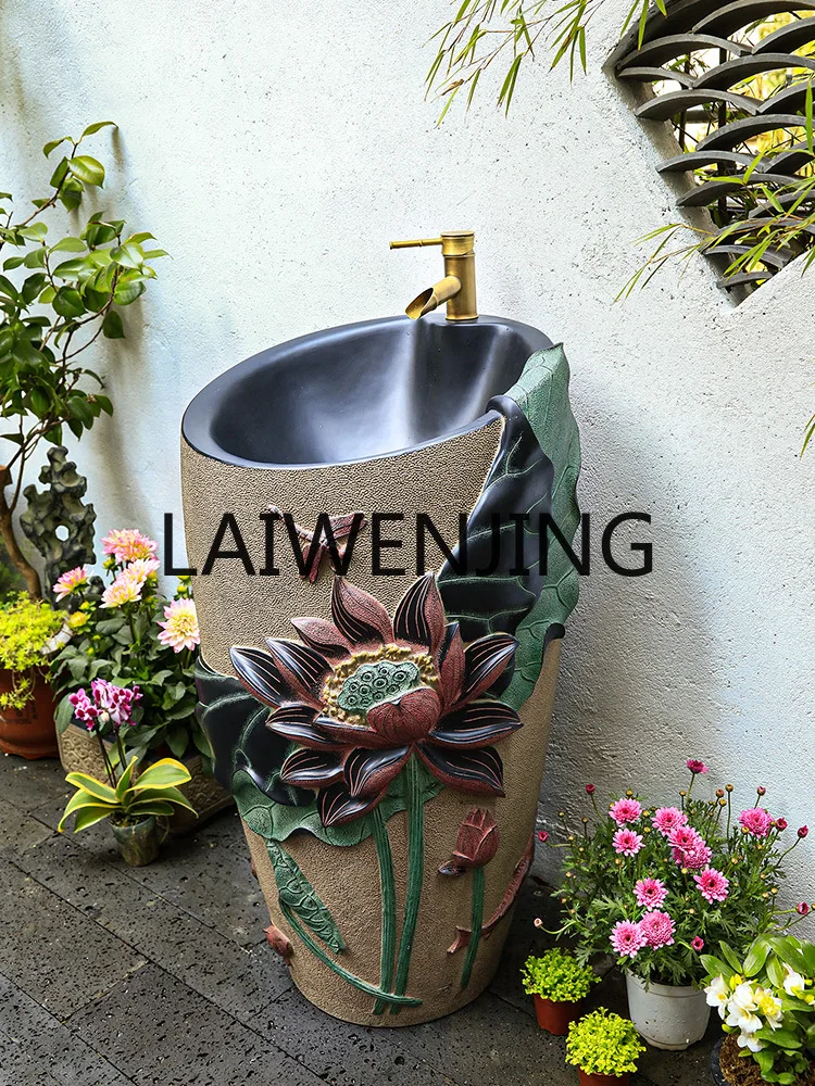 Outdoor Integrated Floor-Standing Wash Basin New Chinese Art round Column Courtyard Garden Sink