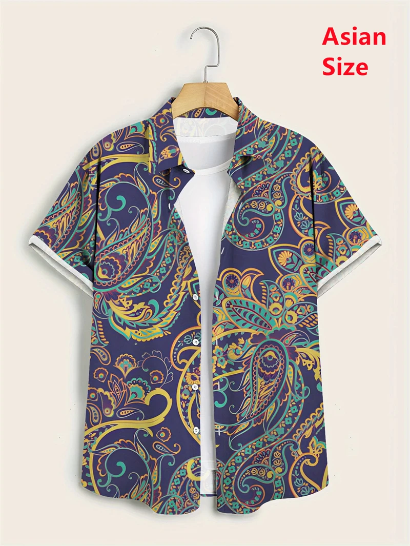 Hawaii Shirts For Men 3D Paisley Graphic Short-sleeved T-shirt Casual Lapel Buttons Male Tops Summer Oversized Bohemian Man Tees